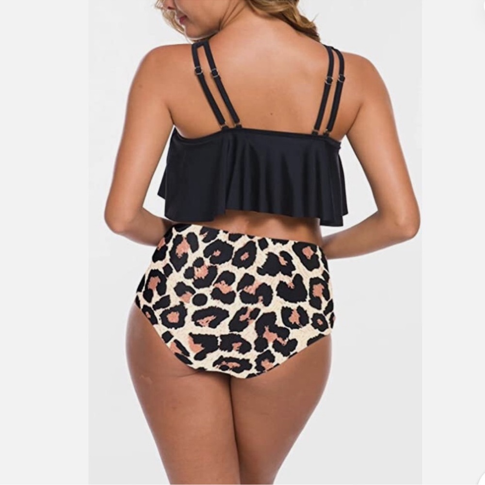 Two Piece Bathing Suit Ruffled Flounce Top with high waisted bikini bottoms - Picture 3 of 11